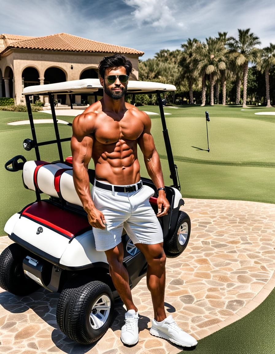 Shirtless Muscular Man near Golf Cart