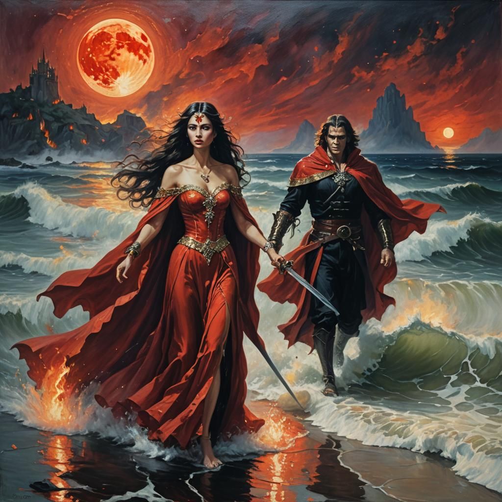 Vampire King and Warrior Emerge from Fiery Ocean