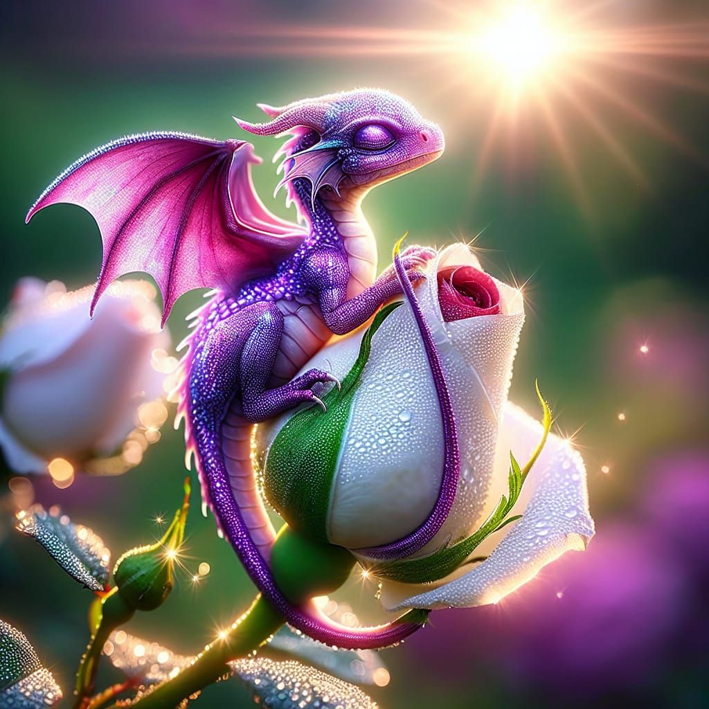 Tiny Purple Dragon on a White Rosebud at Dawn