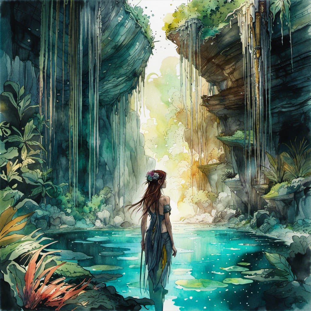 Mexican Cenote in Anime Watercolor Style