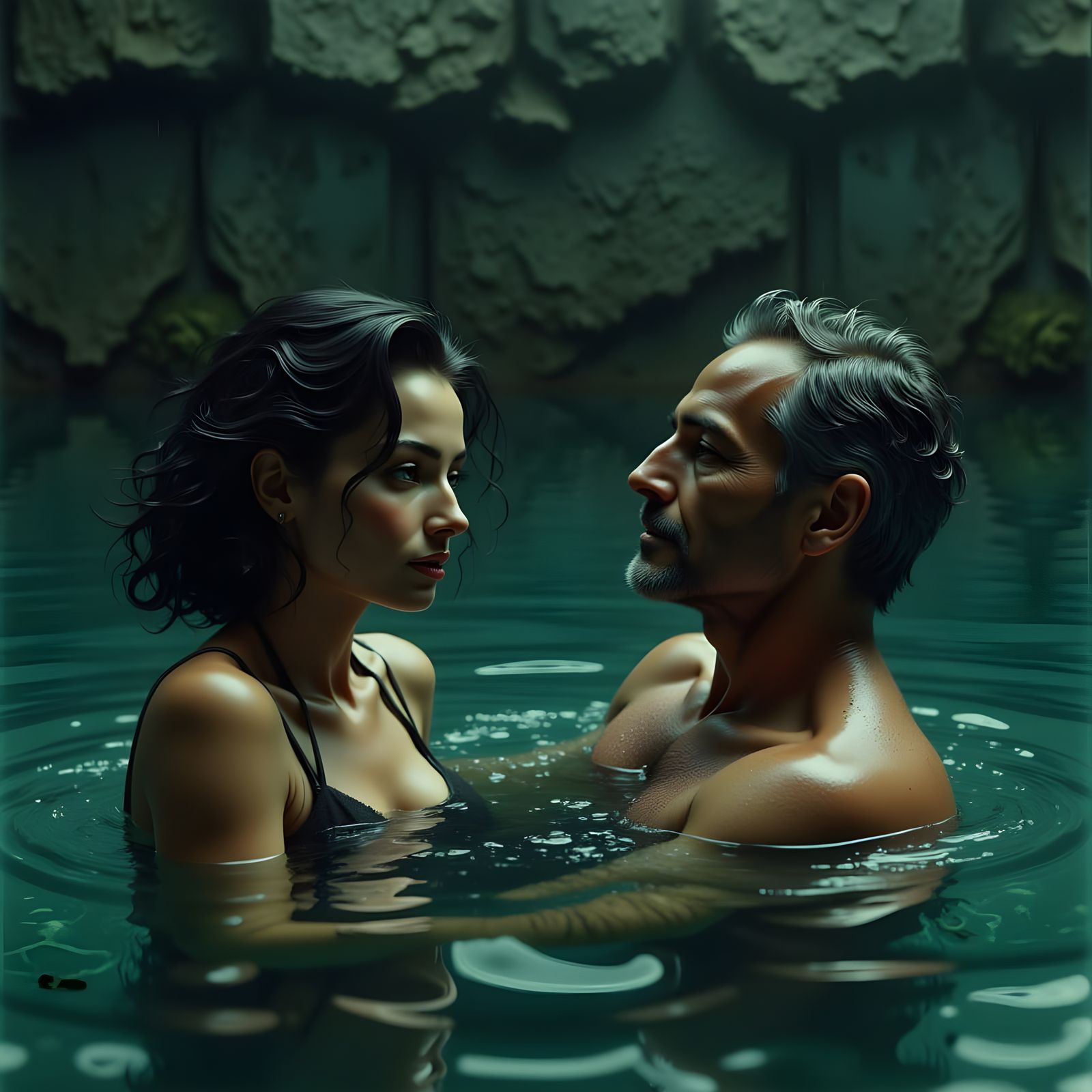 Intimate Poolside Moment in Hyperrealistic Pin-Up Style