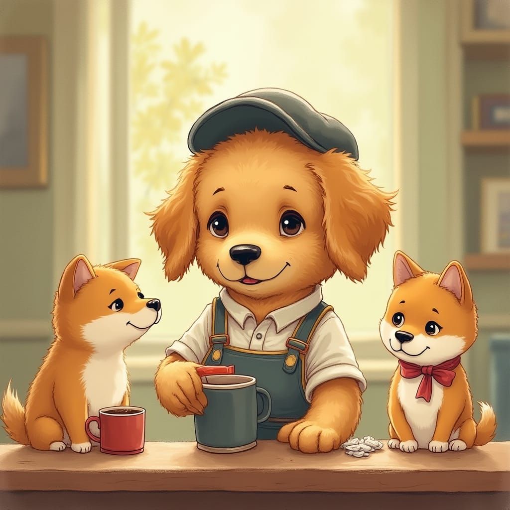 Golden Retriever Puppy Serves Coffee in Whimsical Watercolor...