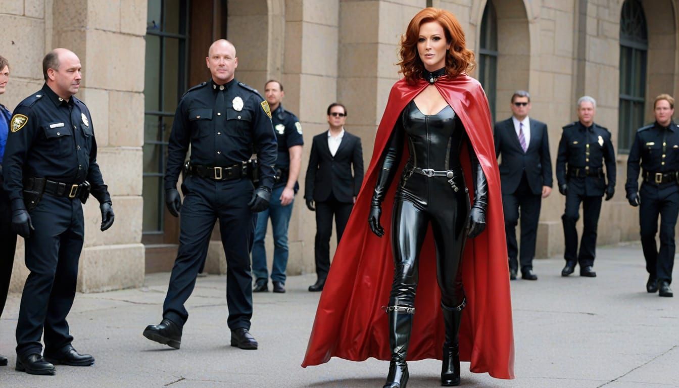 Tough Redhead Superheroine in Latex Catsuit