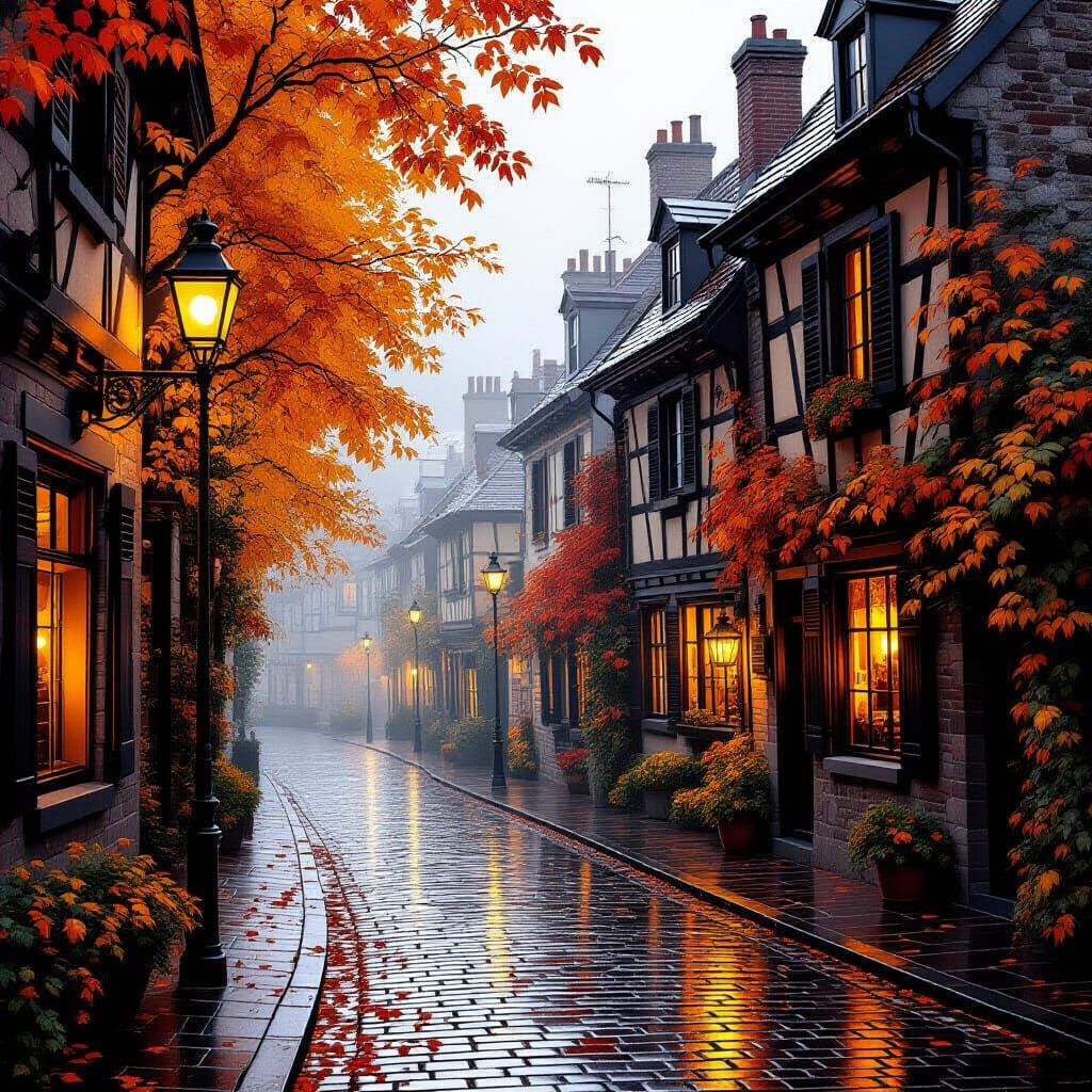 Atmospheric Autumn Street Scene with Golden Foliage