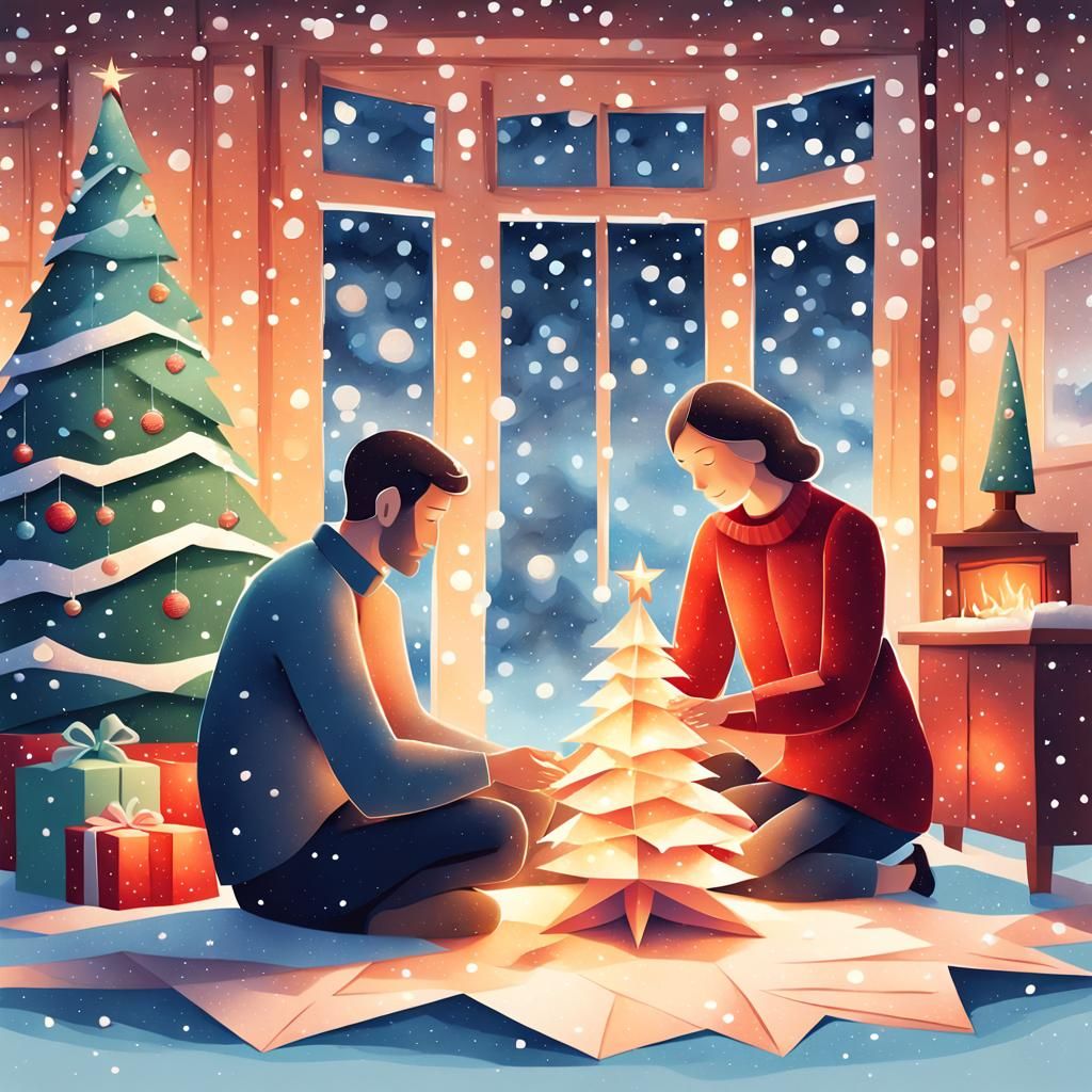 Couple's Whimsical Origami Christmas Tree Adventure