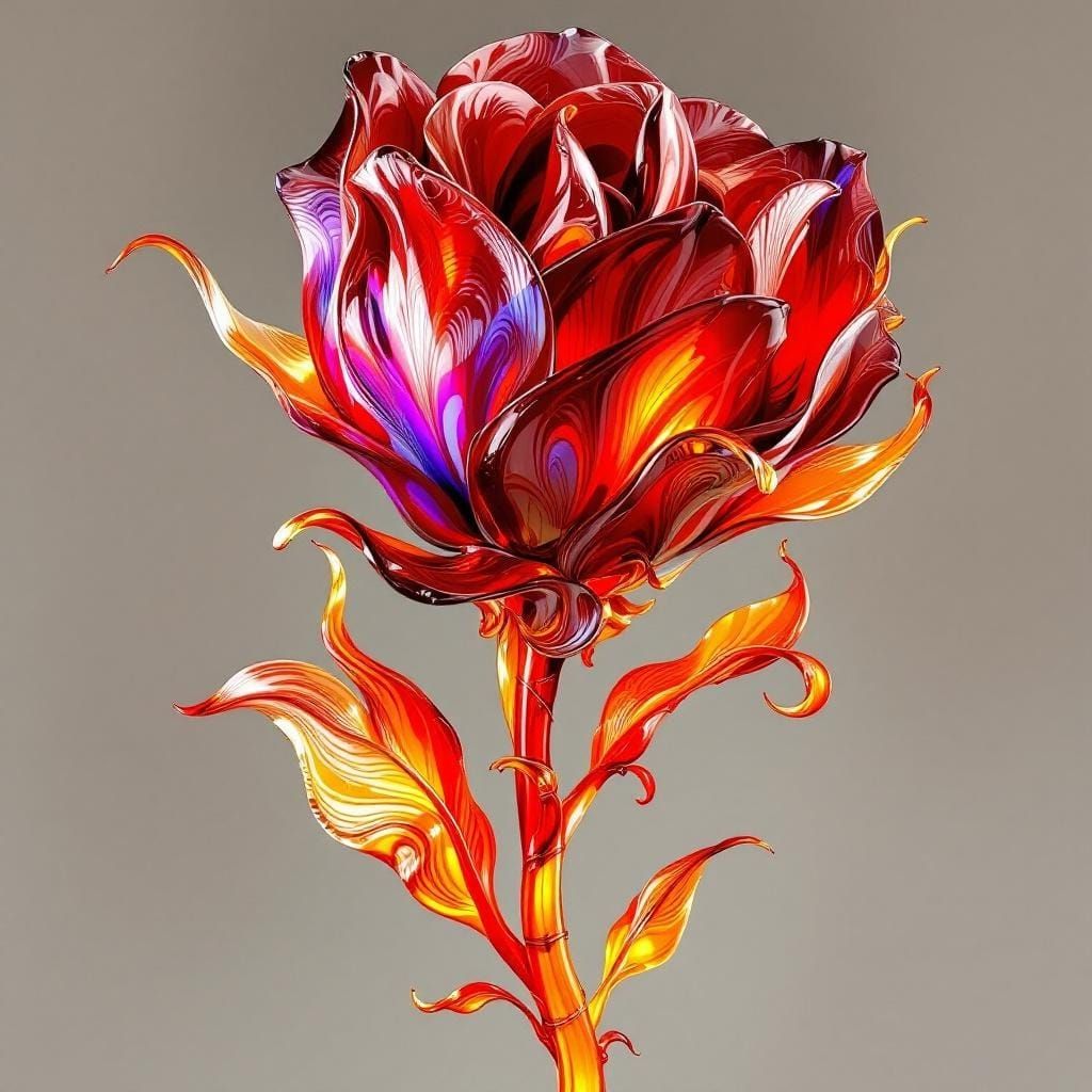 Giant Red Rose Glass Sculpture, Art Nouveau Style