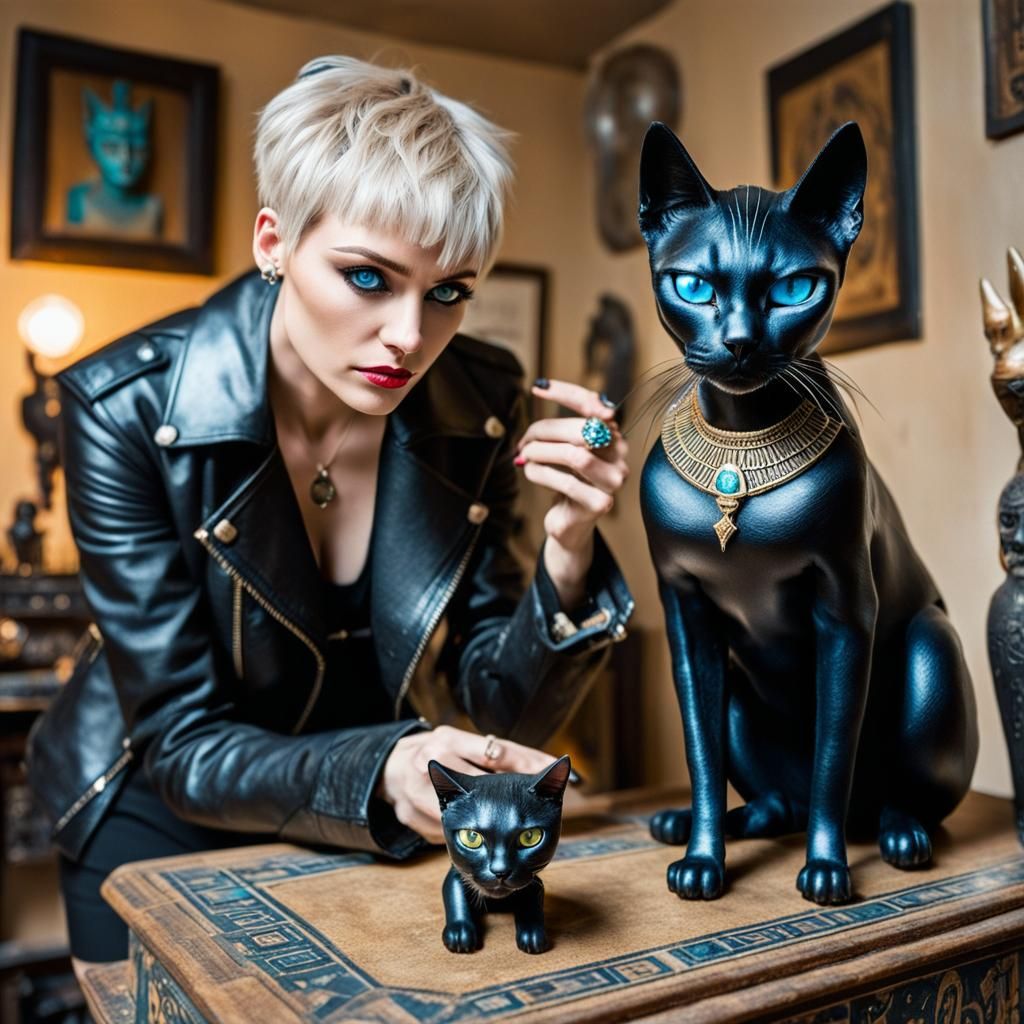 Punk Woman with Cat Figurine in Ransacked Room