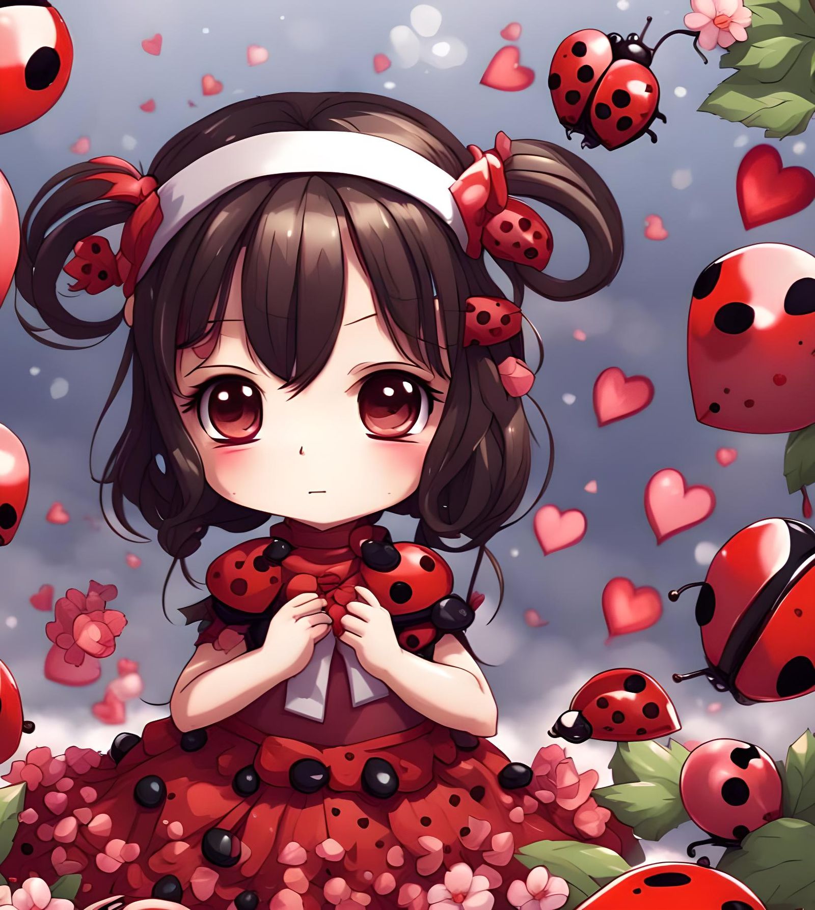Chibi Girl with Ladybugs: Anime Valentine's Day