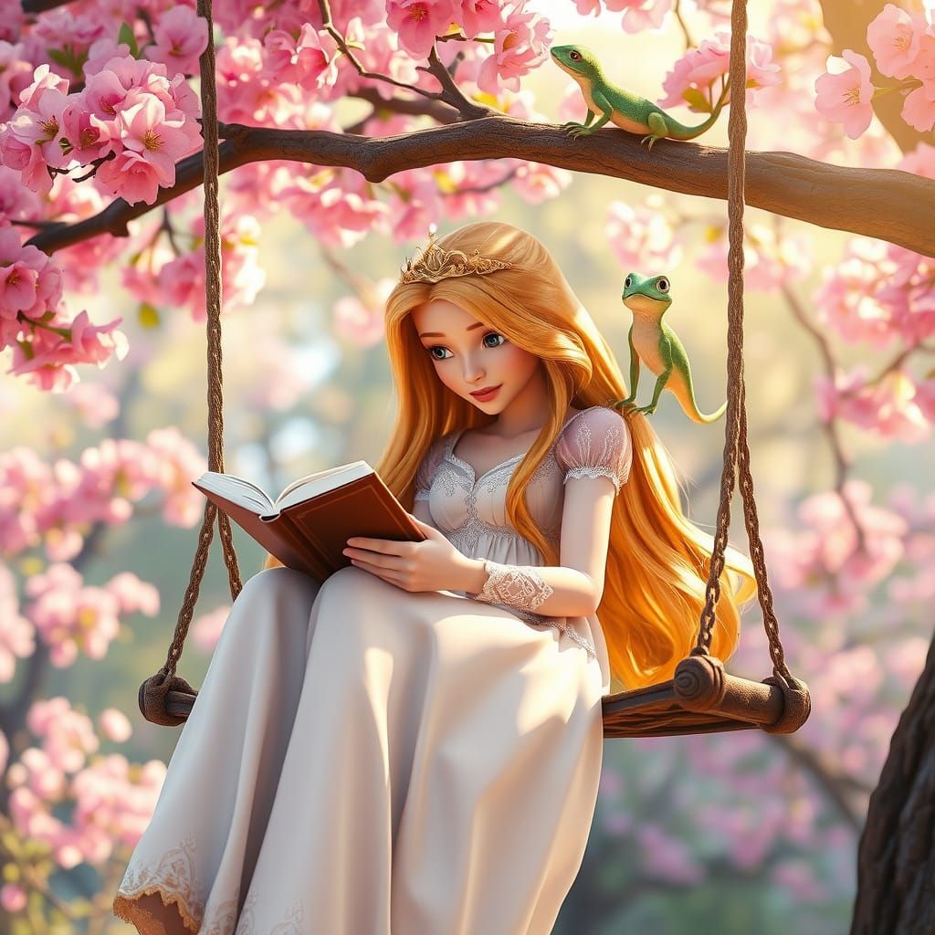 Princess Rapunzel in Springtime Serenity with Book and Lizar...