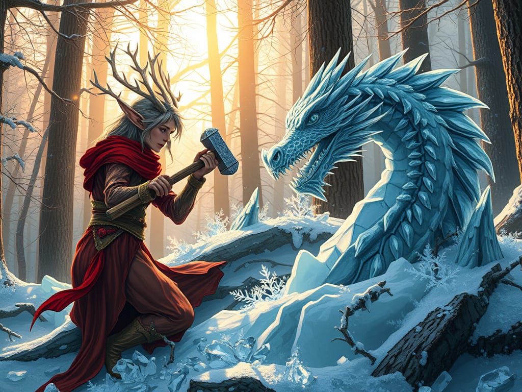 Dryad Carves Dragon Ice Sculpture in Frosty Forest
