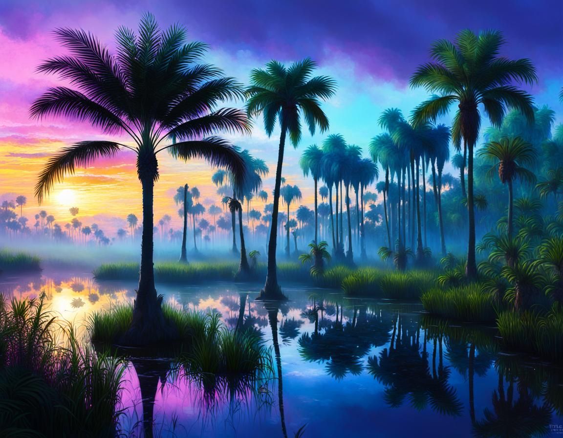 Florida Everglades Silhouette in Hyperdetailed Fantasy Style