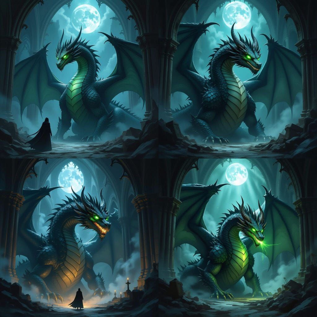 Colossal Obsidian Dragon Guards Relics in Gothic Cathedral