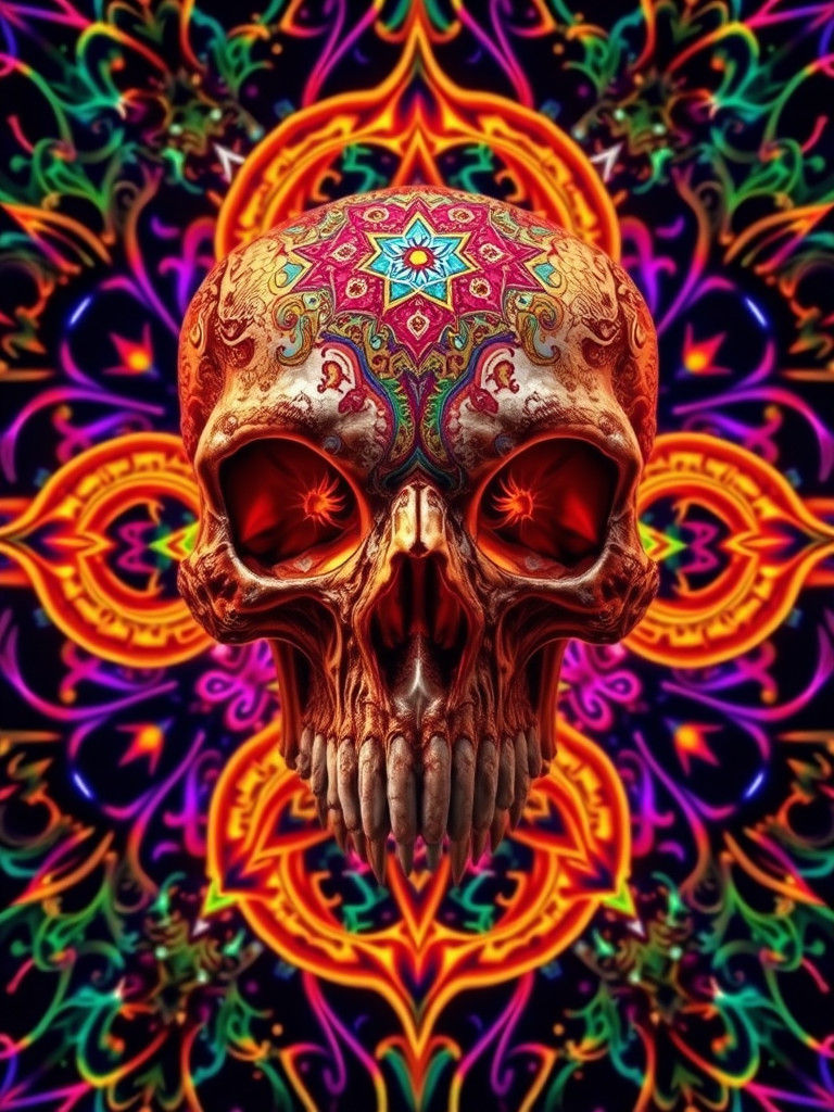 Sacred Geometry Mushroom Skull in Hyper-Realistic Detail