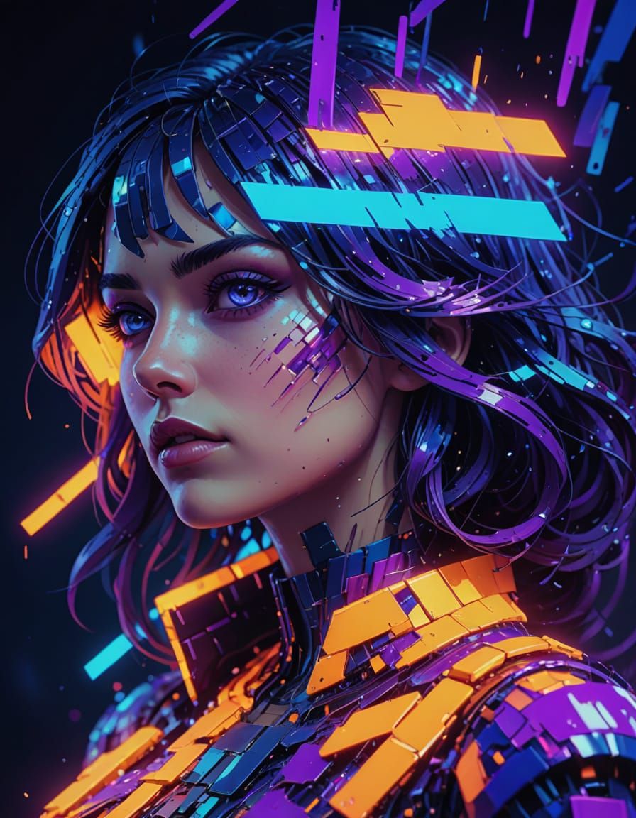 Charming Woman in Distorted Digital Glitch Art Space