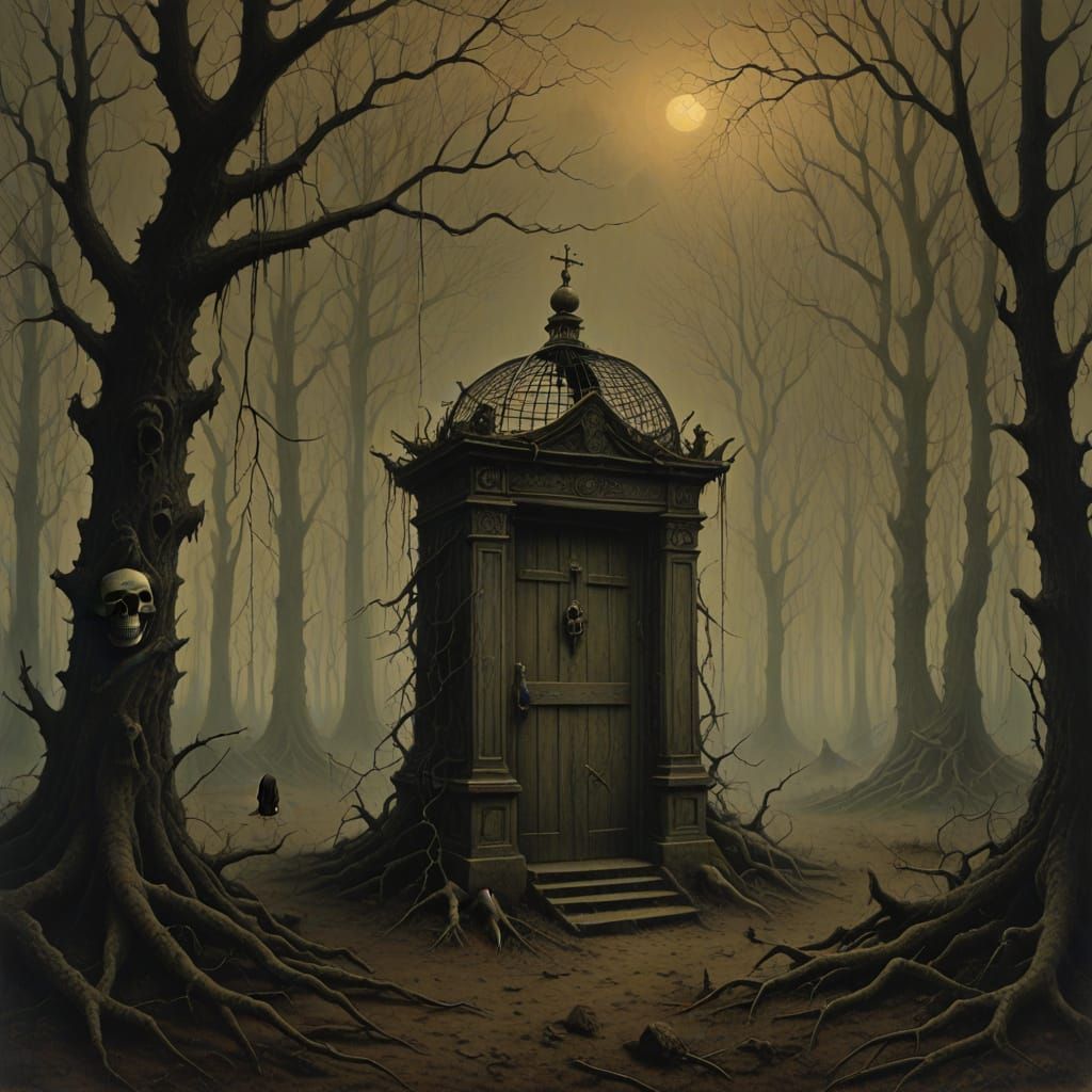 Eerie Foggy Forest with Skeletal Trees and Abandoned Birdcag...