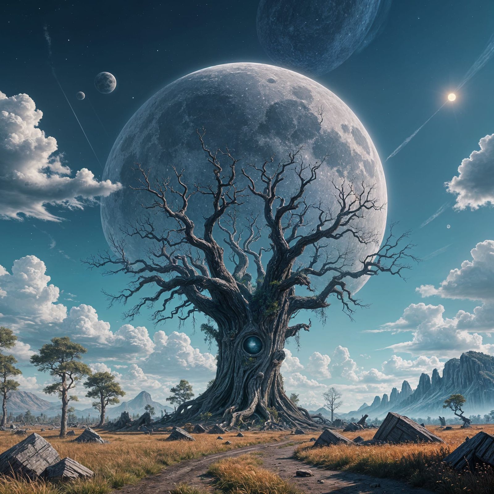Surreal Landscape with a Towering Moon Stump