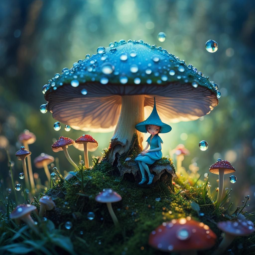 Enchanting Fairy on Mushroom, Macro Photography