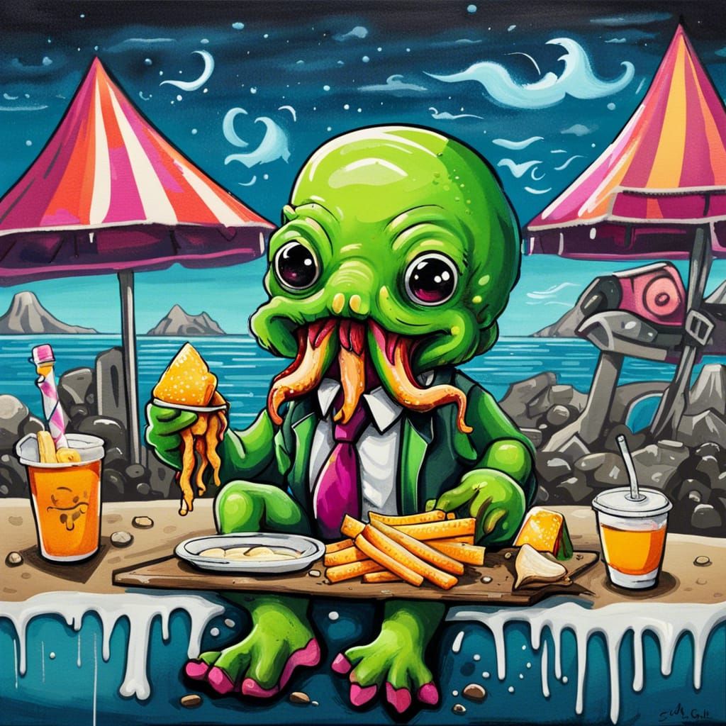Cute Cthulhu Eats Fish and Chips: Graffiti Art