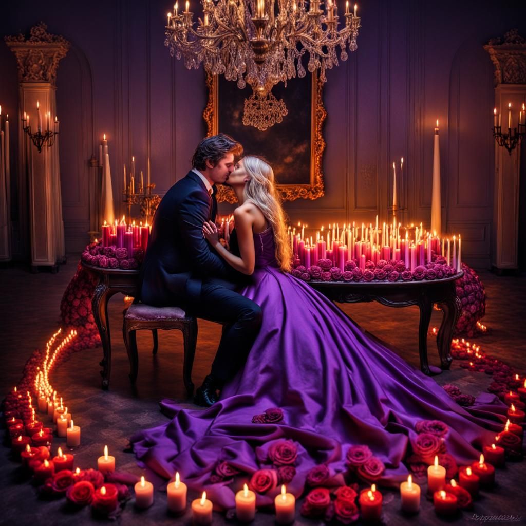 Romantic Rose Heart with Kissing Couple, Hyperrealistic