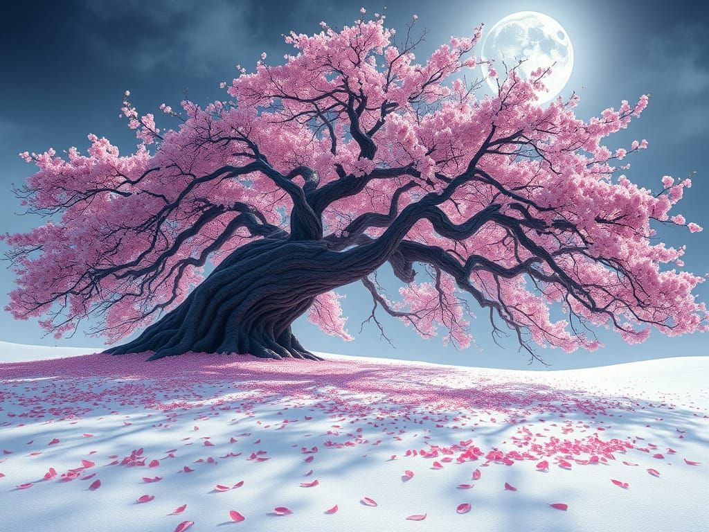 Ancient Sakura Tree in Snowy Landscape