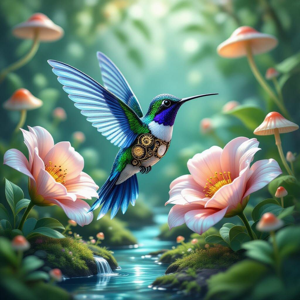Clockwork Hummingbird Among Giant Iridescent Flowers