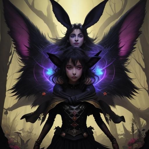 Cute Dark fey creature of the dusk, rodent, cat and rabbit fairy creatures, shadow , protectors seen in shadows, Tim Bur...