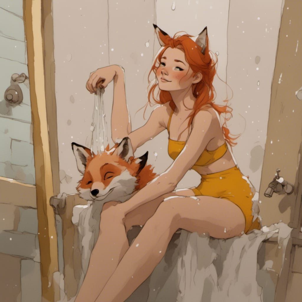 Adorable Fox-girl VIXEN wearing a bathing suit, washing a fox.
