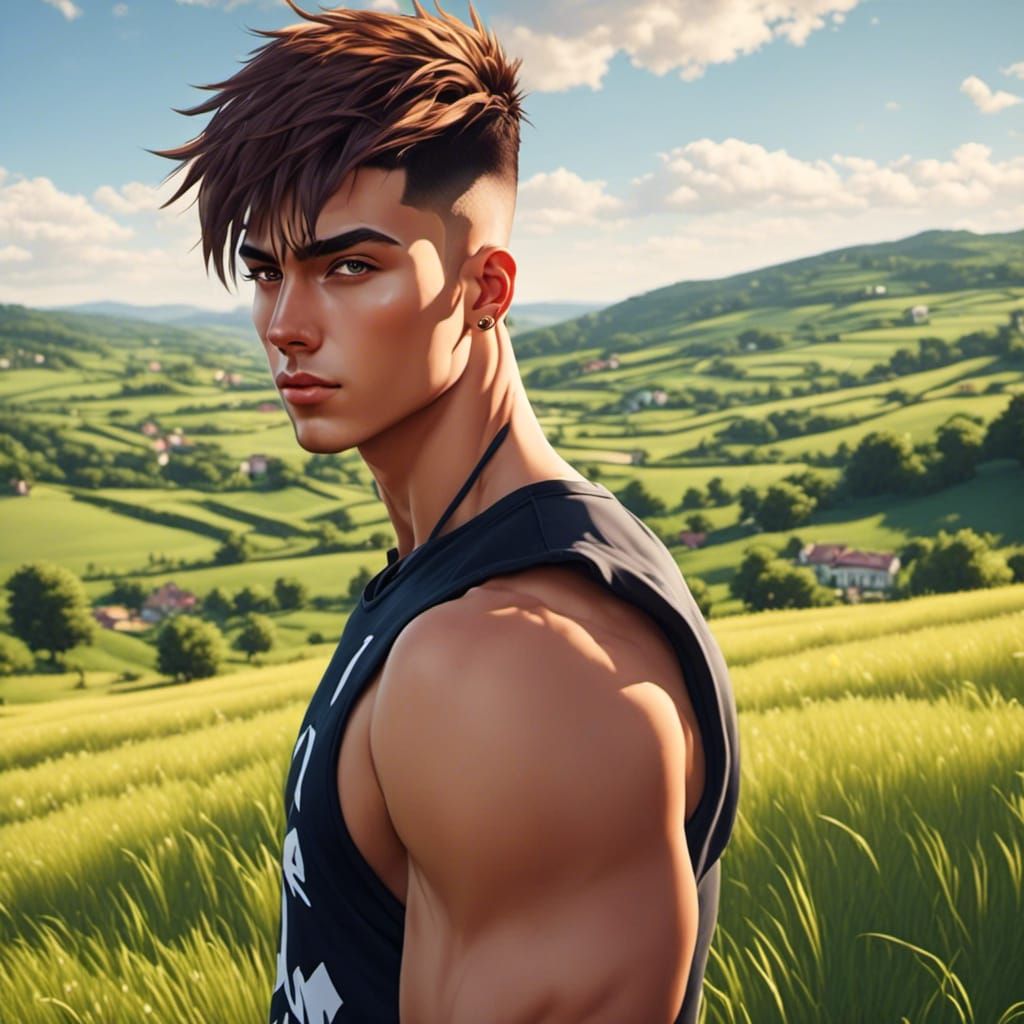 Anime Portrait of Handsome Lad in Countryside