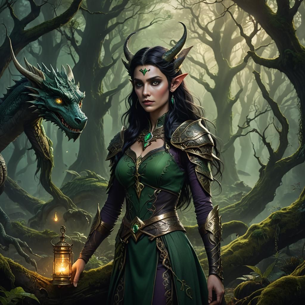 Druid Elf and Dragon in Emerald Forest
