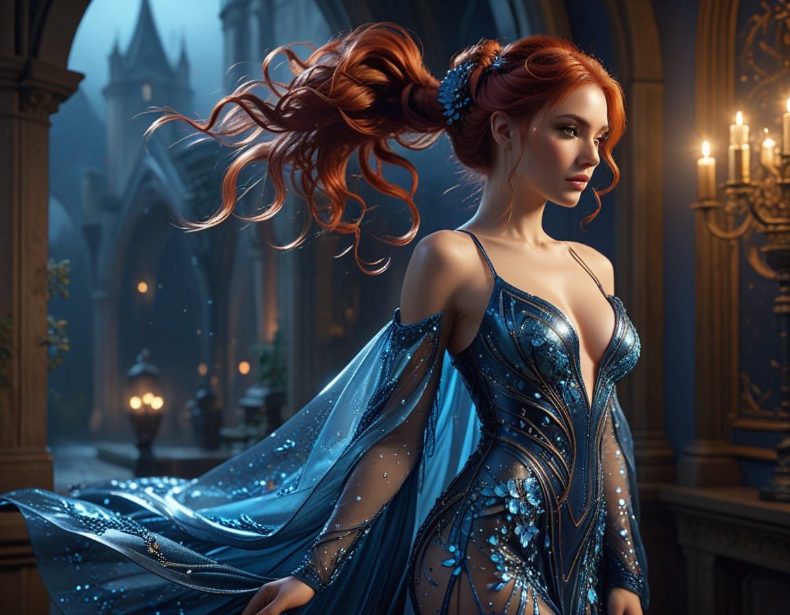 This image features a woman dressed as a character with striking very long red hair styled in a classic braid. She wears...