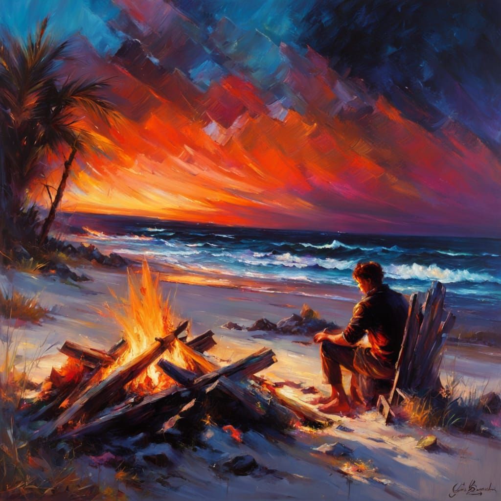 Campfire in a Vibrant Blacklight Fantasy Landscape