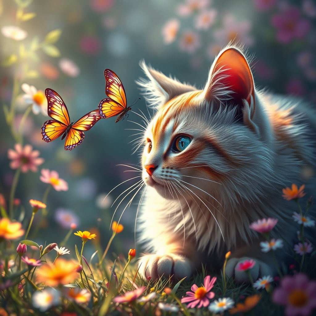Iridescent Cat and Butterfly, Dreamlike Concept Art