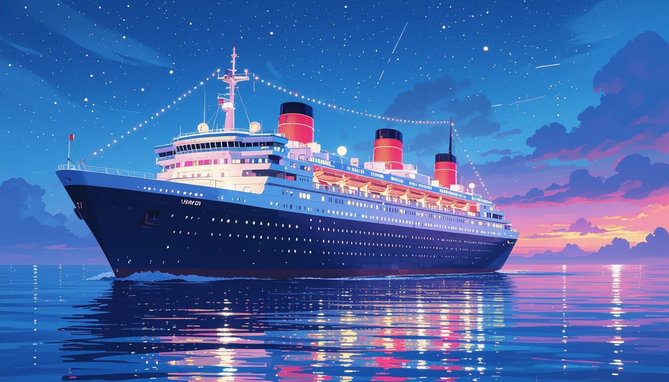 Cyberpunk Ocean Liner at Night in Fantasy Art