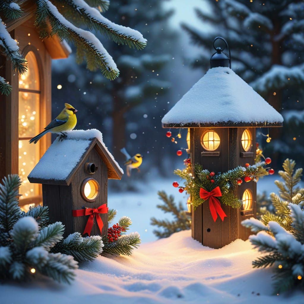 Cozy Winter Birdhouse Scene with Birds and Fairy Lights