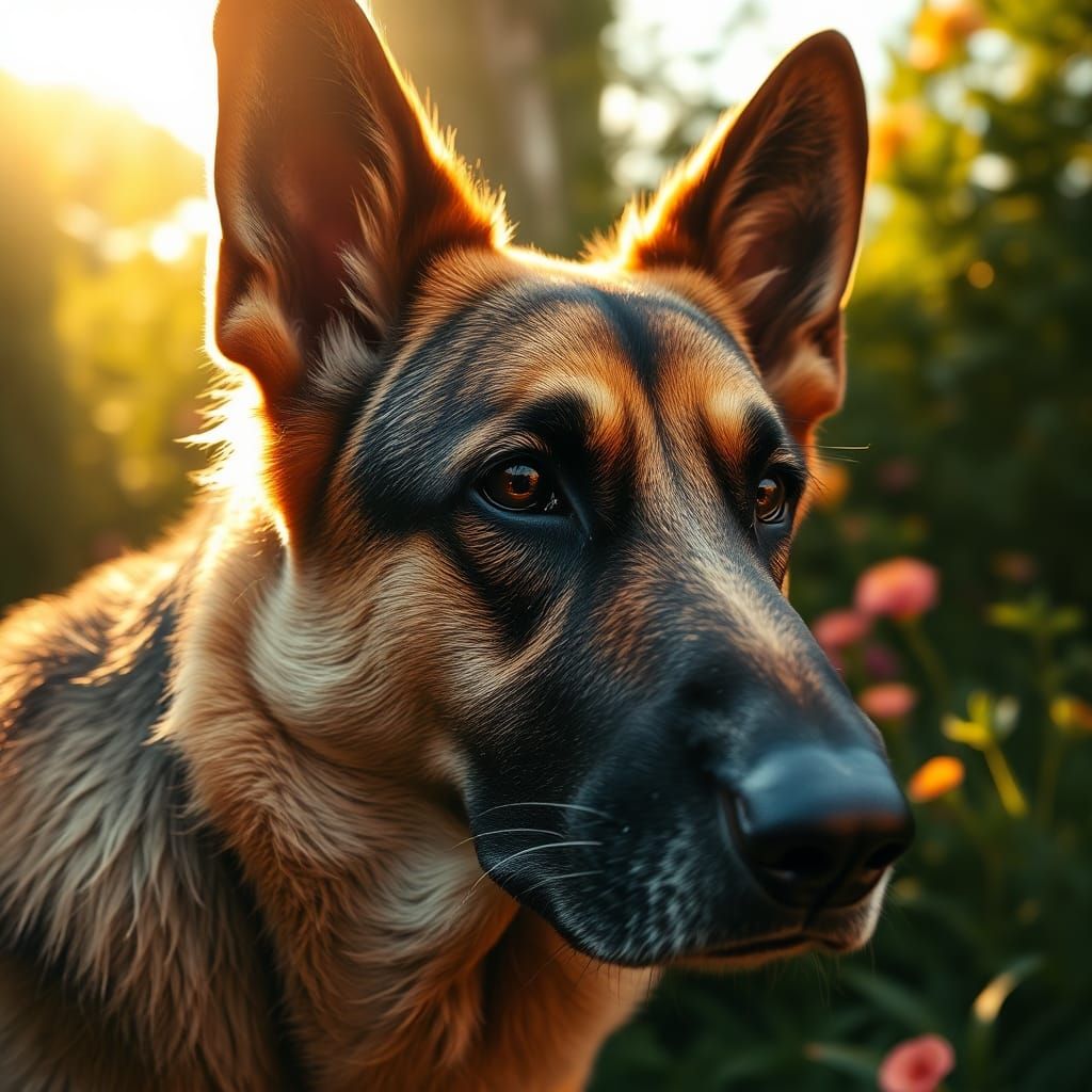 Hyperrealistic German Shepherd in Golden Light