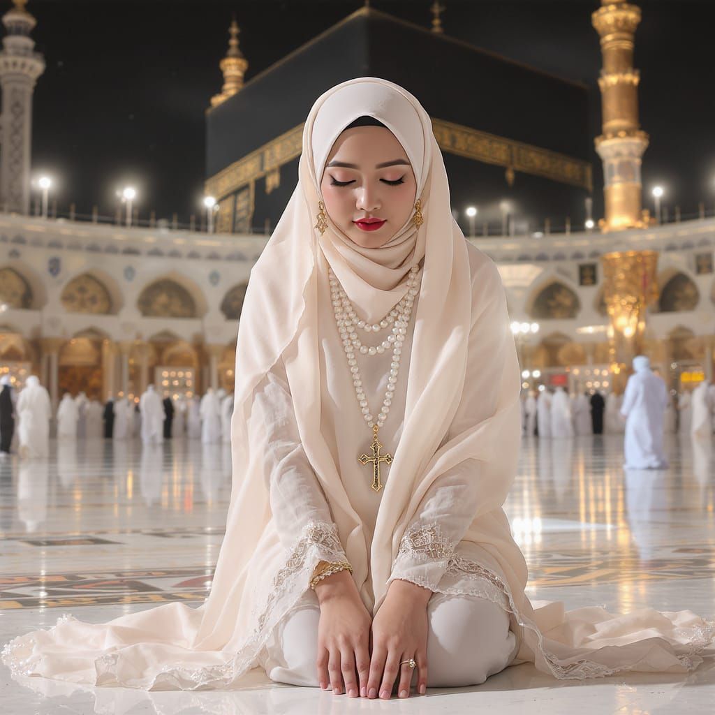 Woman in Hijab Prostrating Before the Ka'bah