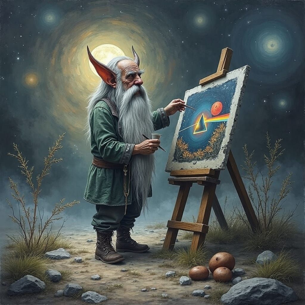 Gnome Painting a Pink Floyd Concert in Mixed Media
