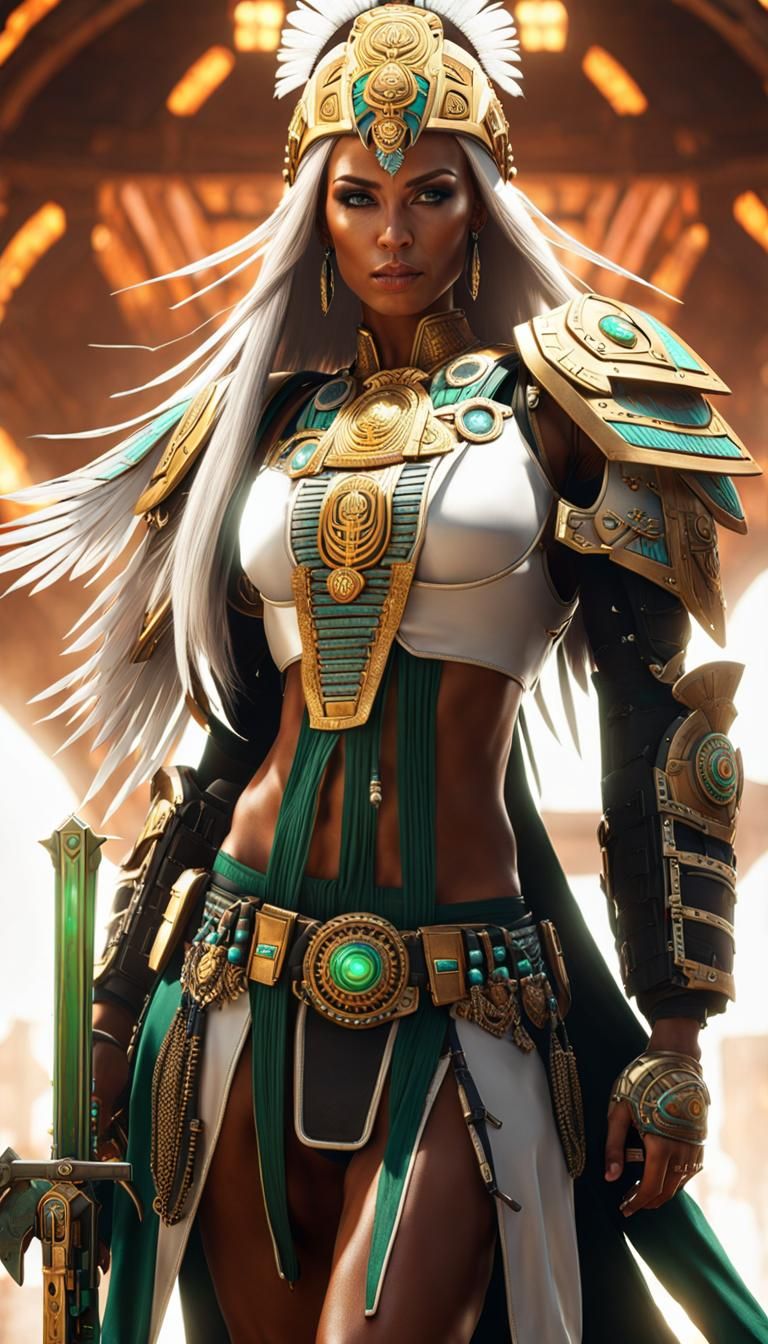Aztec Warrior Woman in Cyberpunk Servo-Armor