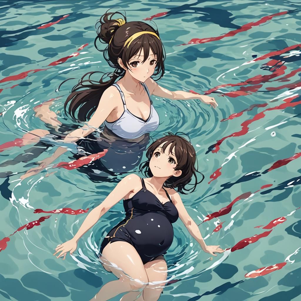 Pregnant Anime Character Swimming in Manga Style