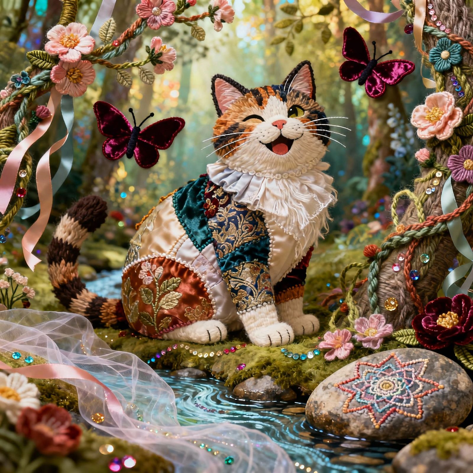 Happy Fabric Cat in Enchanted Textile Forest with Velvet But...