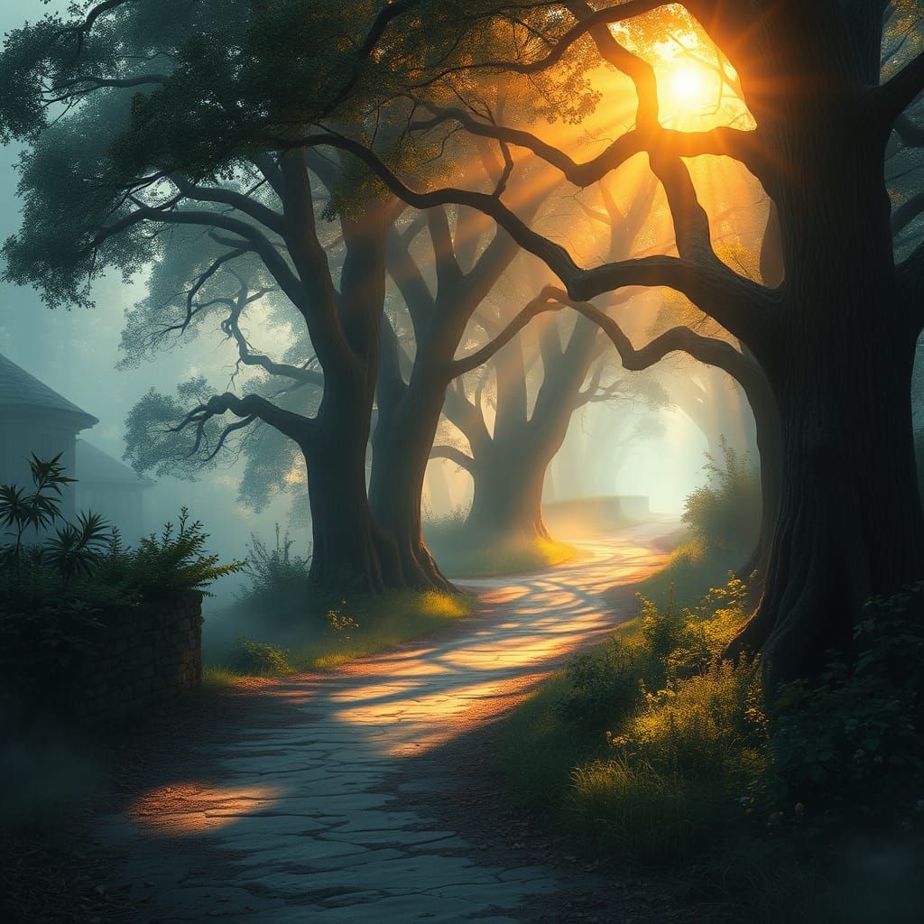 Ethereal Misty Forest Path in Warm Light