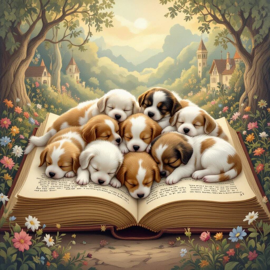 Puppies Sleeping in Fairy-Tale Storybook