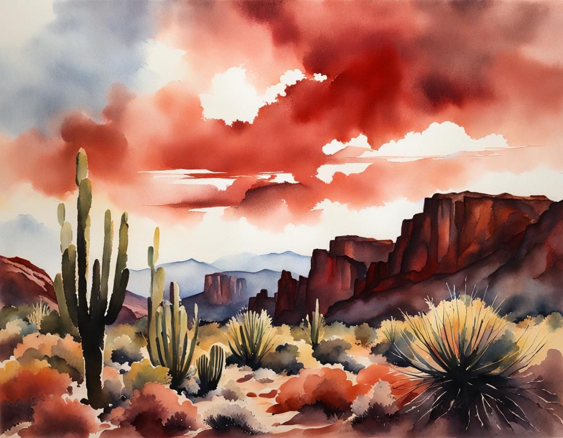 Snow Canyon Desert Scape in Watercolor Style