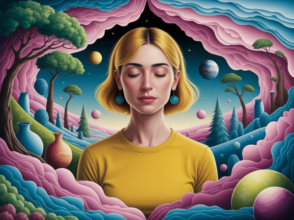 Surrealist Woman in a Vibrant Dream Landscape