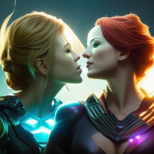 Superheroines Kissing: Hyperdetailed Digital Art Portrait
