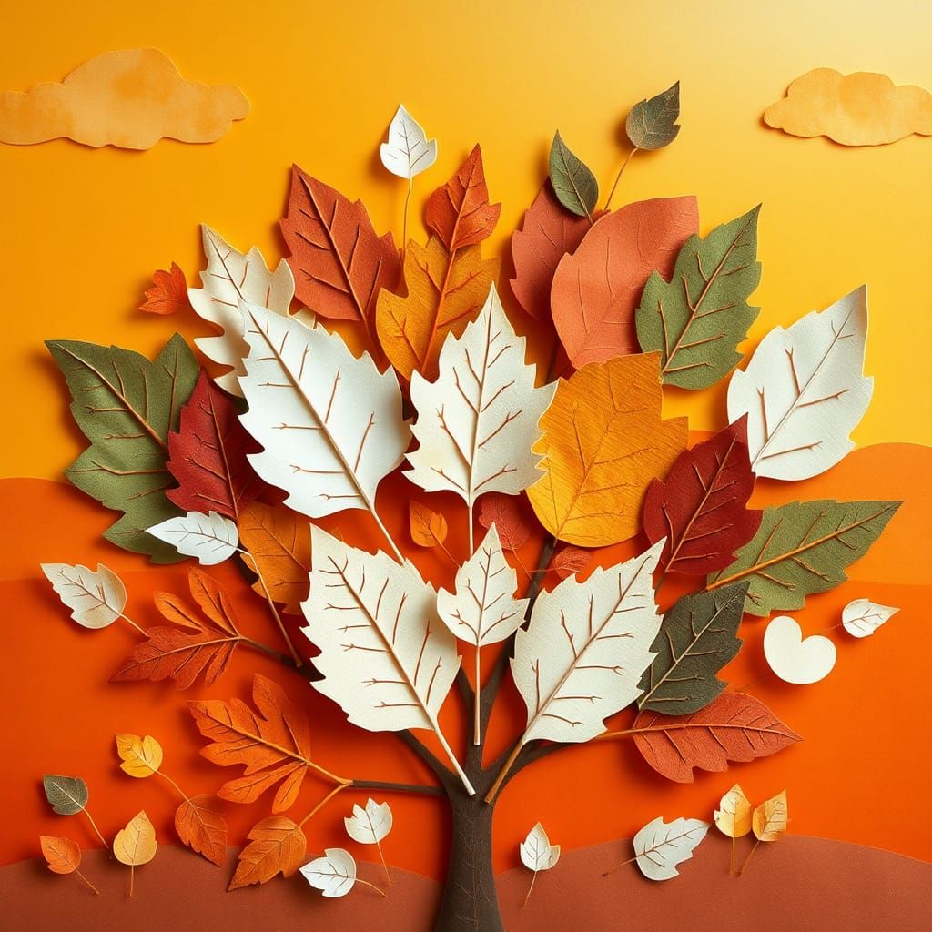 Whimsical Paper Collage Autumn Tree in Mid-Century Modern St...