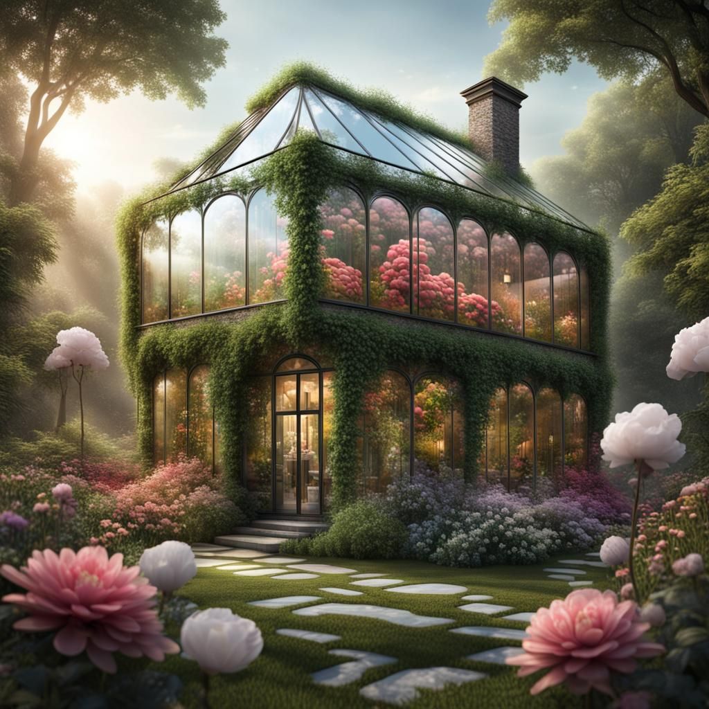 Fantasy Glass House Surrounded by Flowers