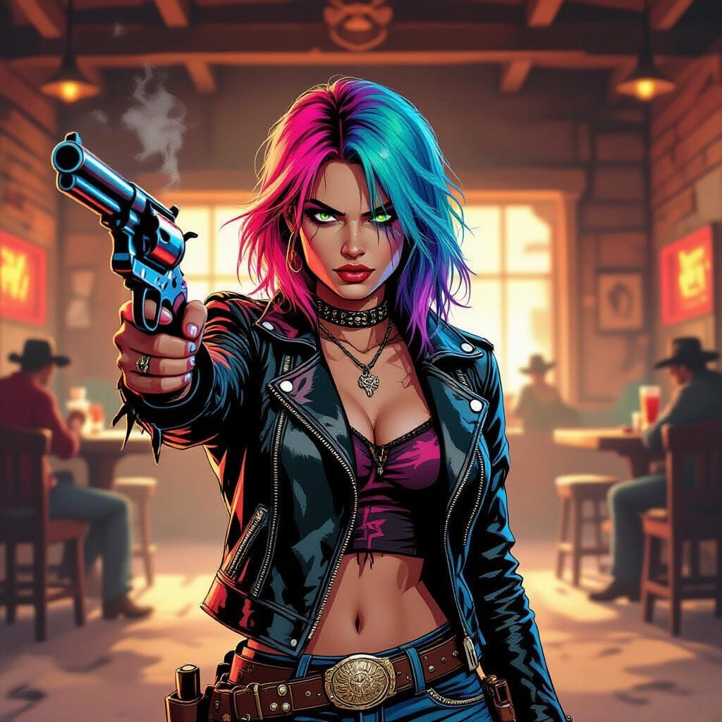 Punk Cowgirl with Revolver in Neon Saloon - Comic Art Style