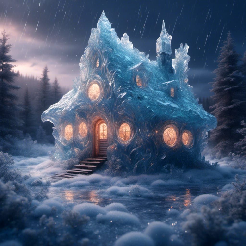 Crystal Cabin in Snowy Aurora Night