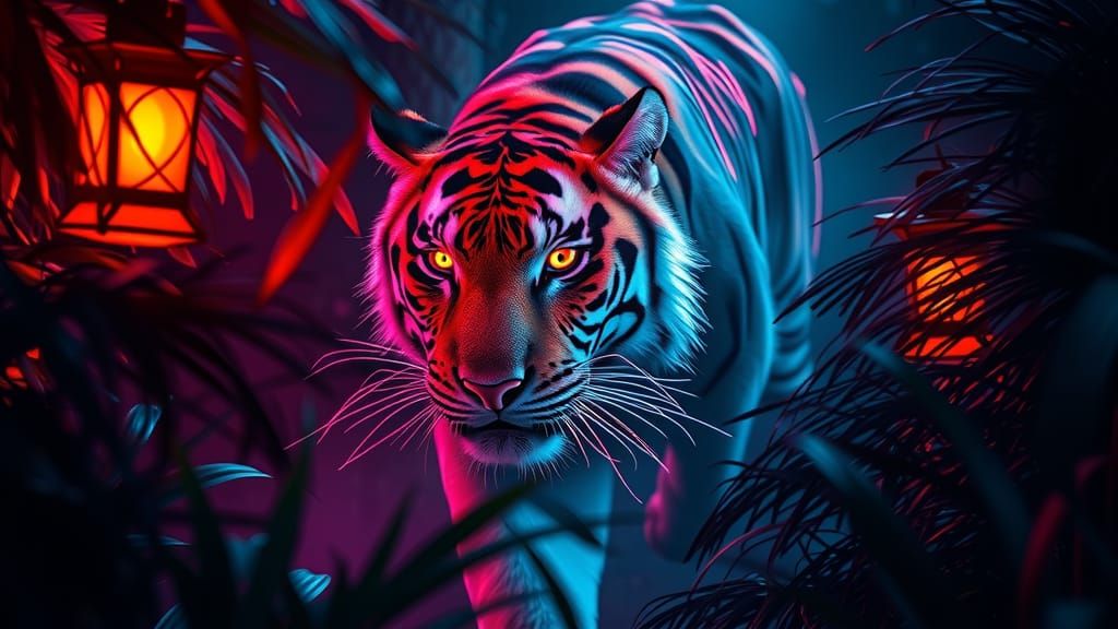 A glowing neon Tiger, stealthily cutting through the bush, b...